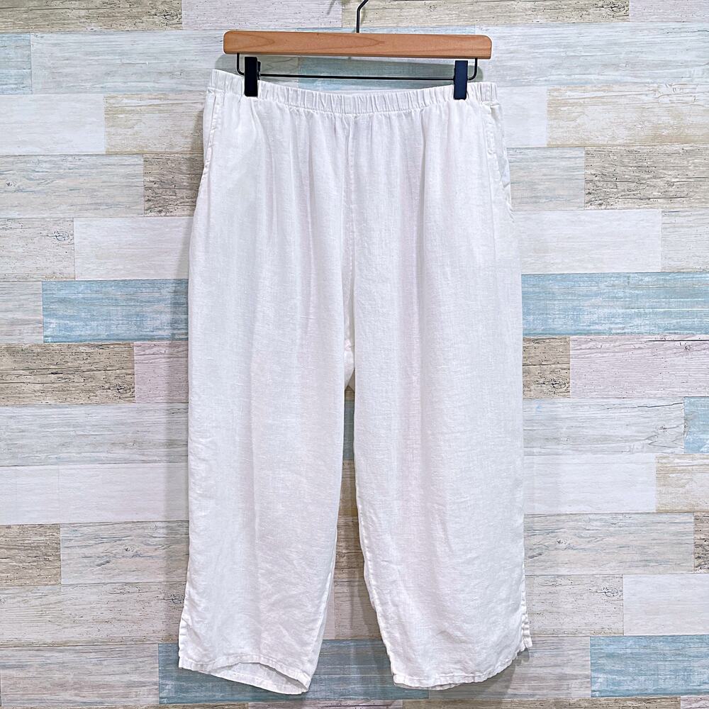FLAX Jeanne Engelhart 100% Linen Crop Tapered Pants White Vintage Womens Medium